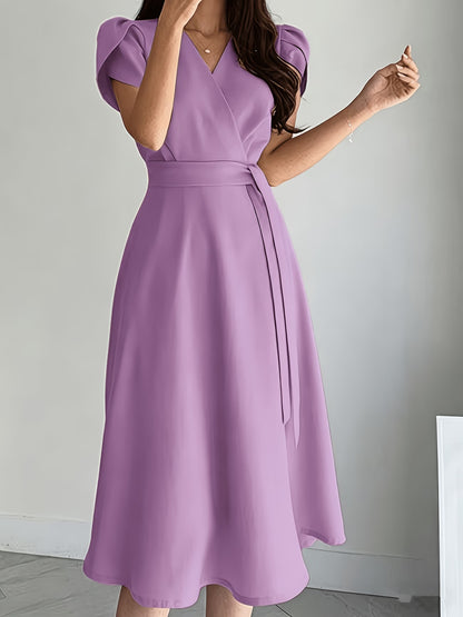 Women's Elegant Midi Dress with Balloon Sleeves and Belt