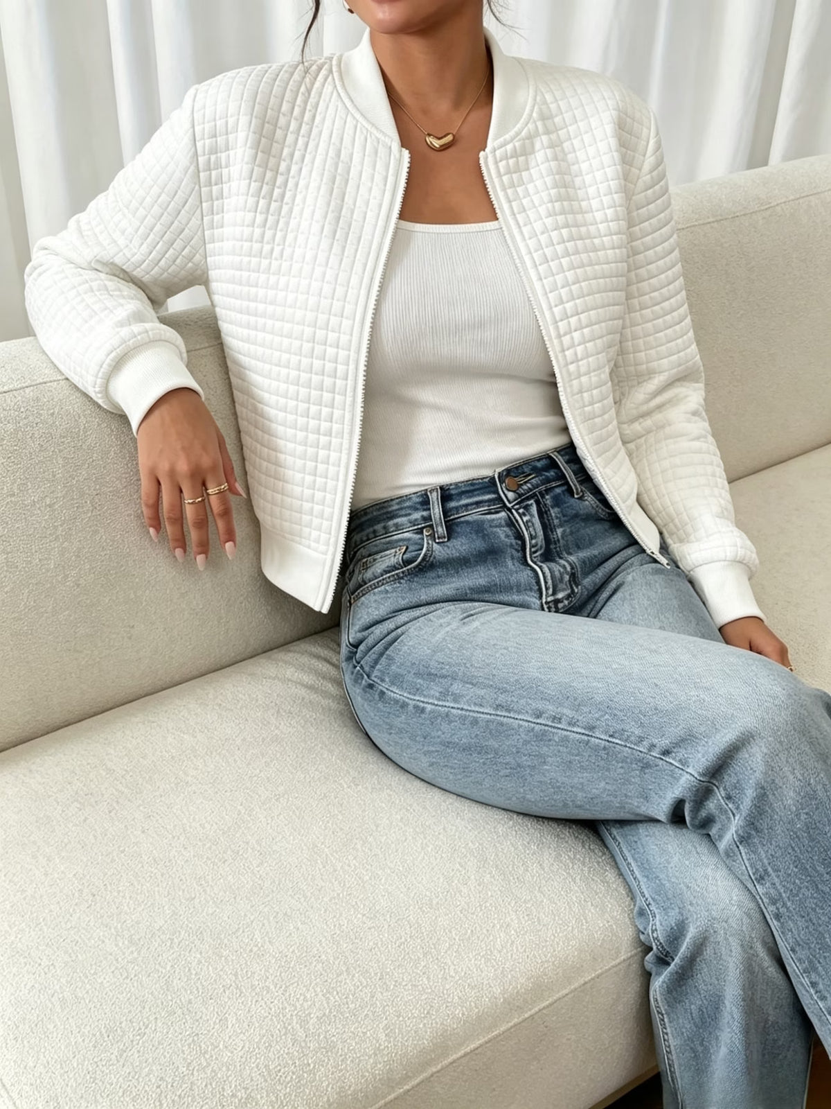 Women's Plaid High Neck Coat with Textured Finish