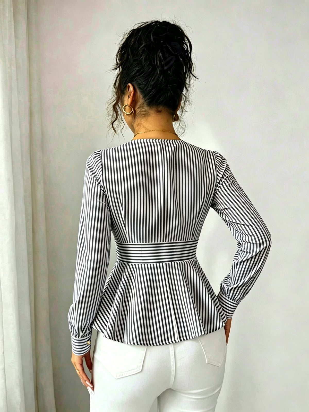 Women's Striped Blouse with Defined Waist and Gold Buttons