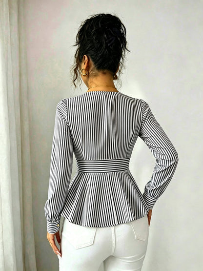 Women's Striped Blouse with Defined Waist and Gold Buttons