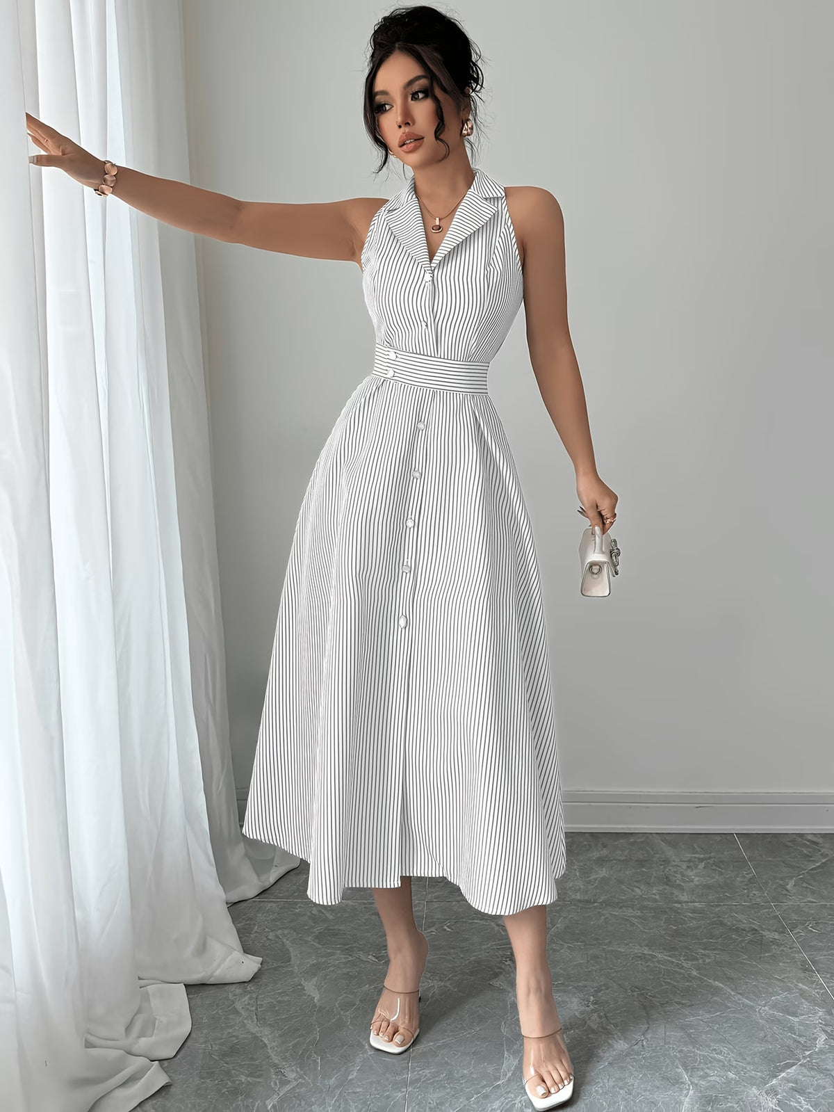 Women's Tailored Midi Dress with Defined Waist