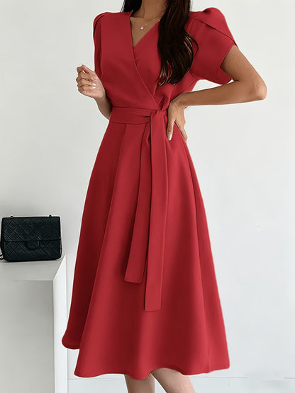 Women's Elegant Midi Dress with Balloon Sleeves and Belt