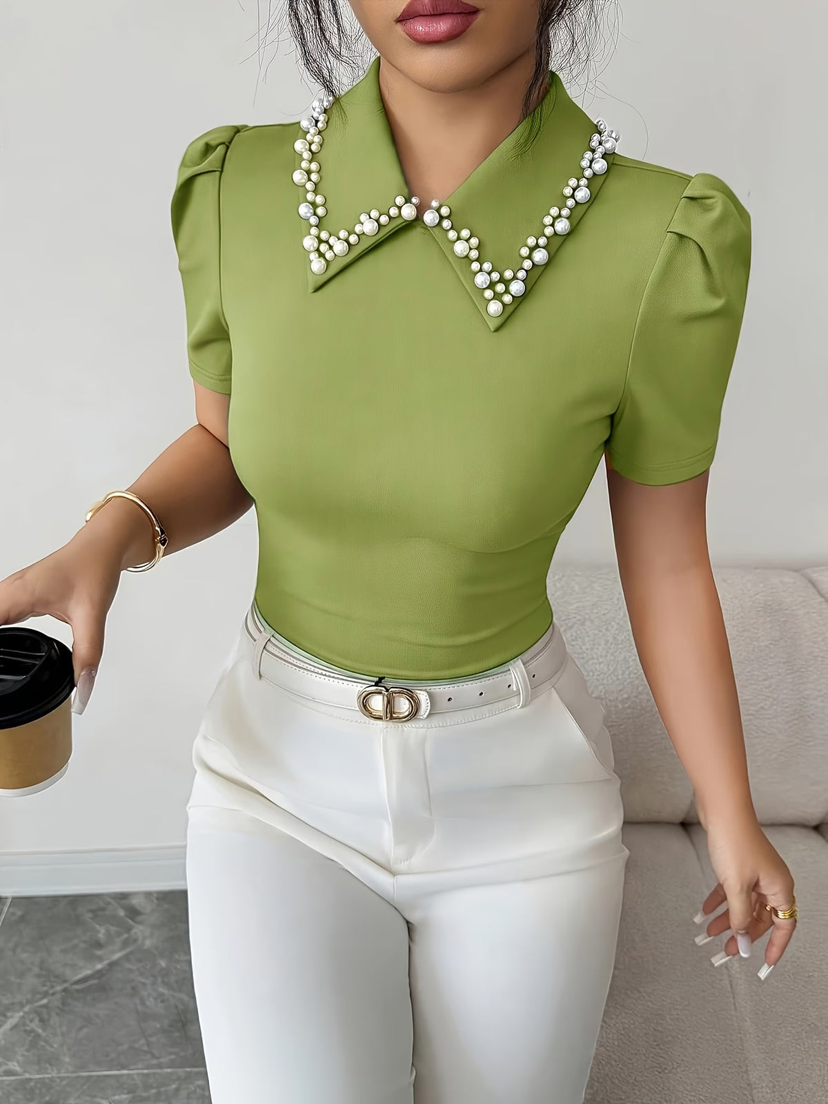 Women's Slim T-Shirt with Pearl Detail and Balloon Sleeves