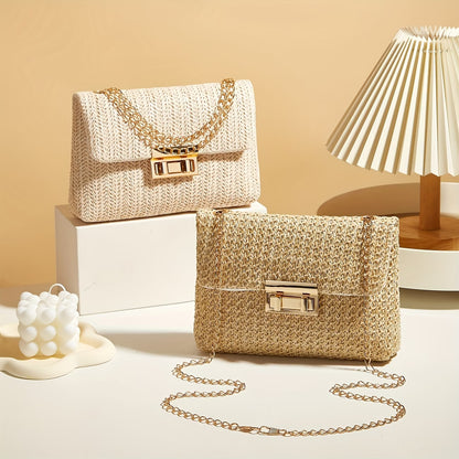 Women's Woven Straw Shoulder Bag with Chain Strap
