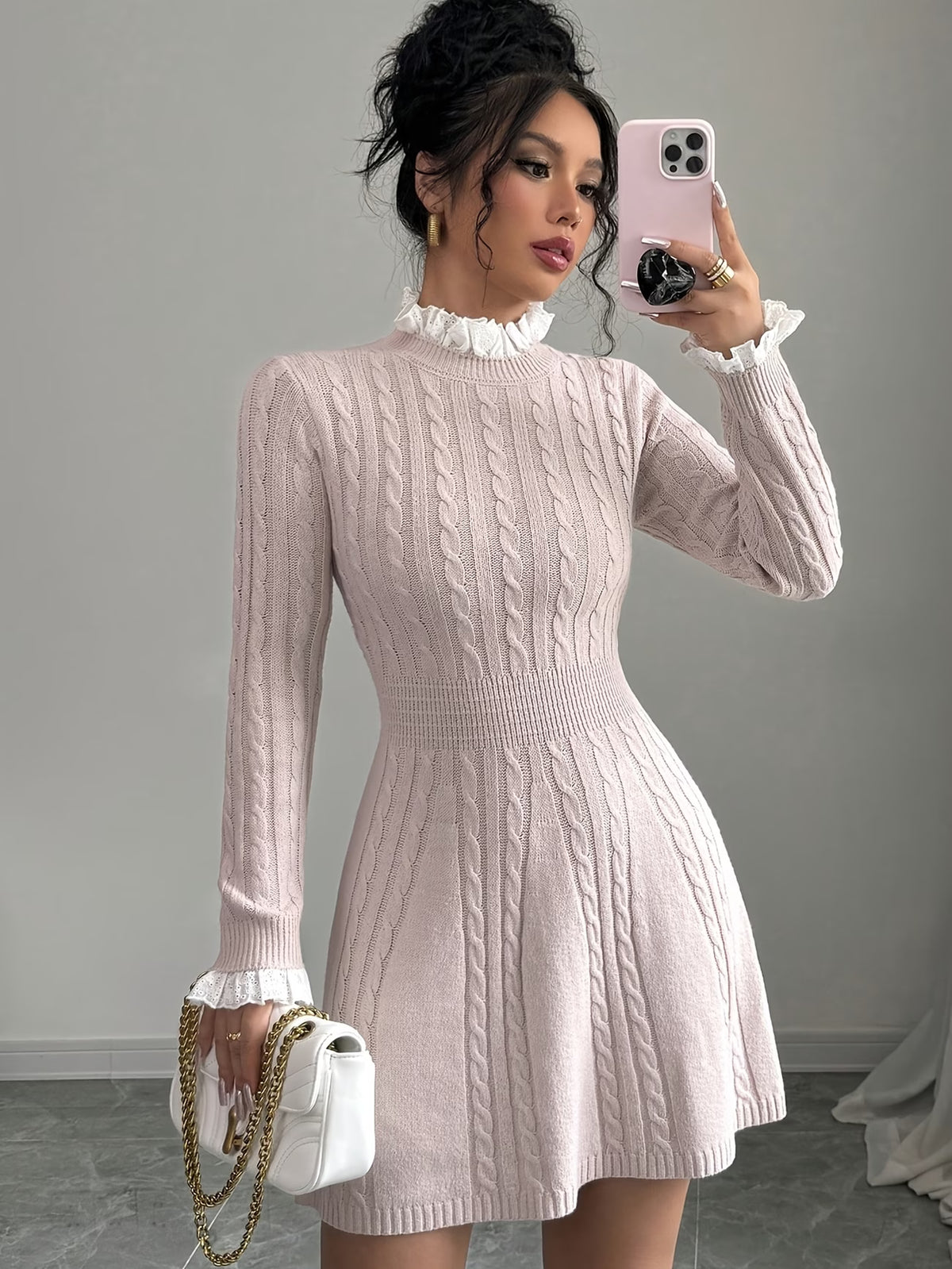Women's Pink Sweater Dress with Lace and Twisted Braid Detail