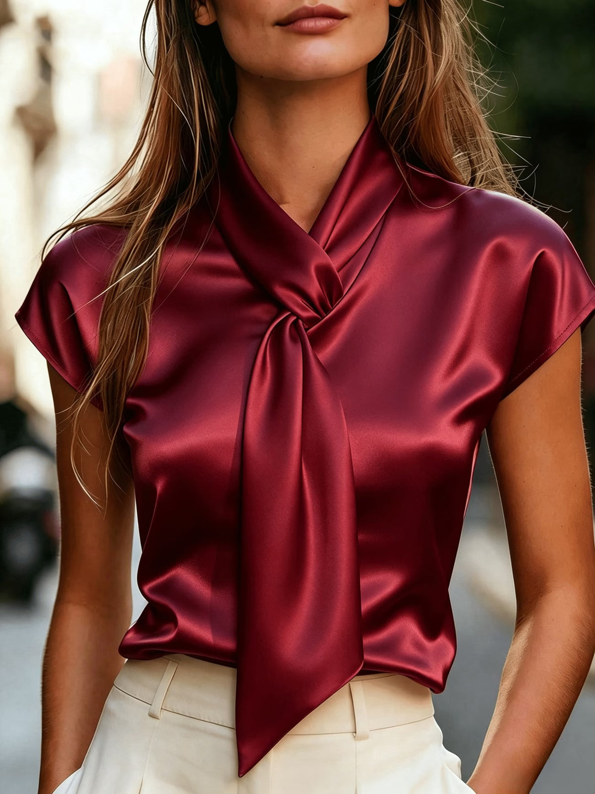Women's Satin Blouse with Bow Detail and Short Sleeves