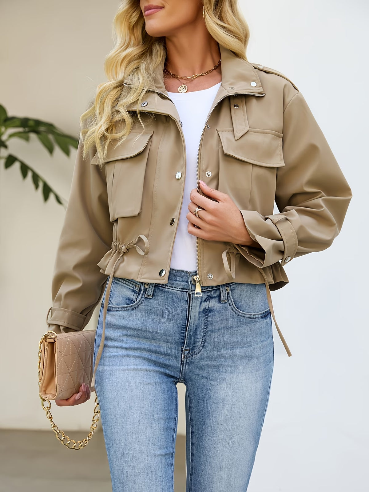 Women's Biker Jacket with Zipper, Lapel, and Pockets
