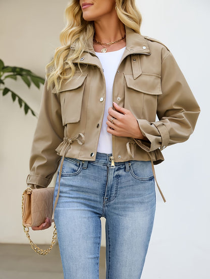 Women's Biker Jacket with Zipper, Lapel, and Pockets