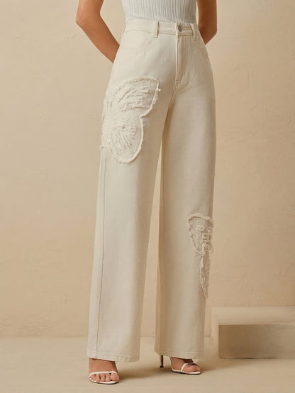 Women's High Waist Wide Leg Jeans with Butterfly Detail
