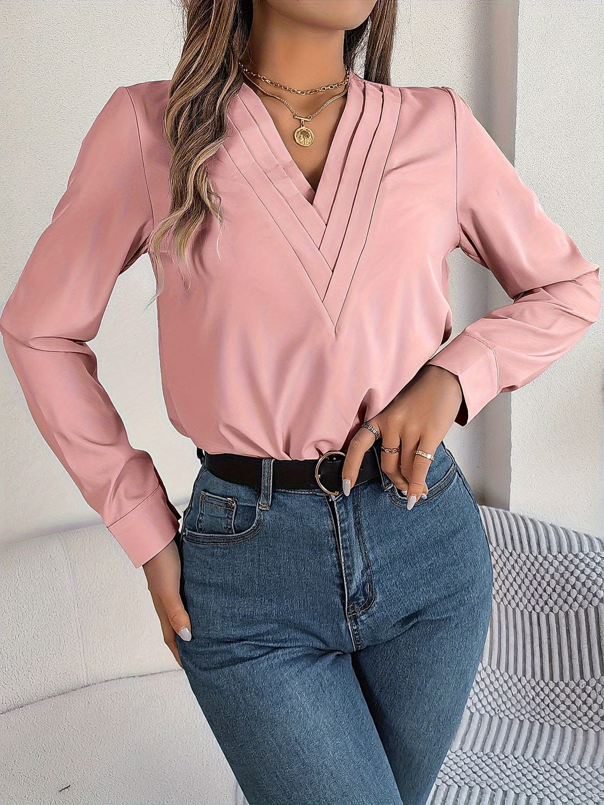 Women's Elegant V-Neck Blouse with Long Sleeves