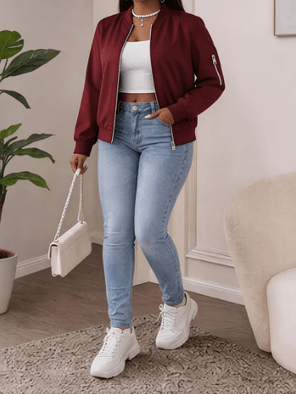 Women's Plus Size Bomber Jacket with Zipper and Soft Fabric