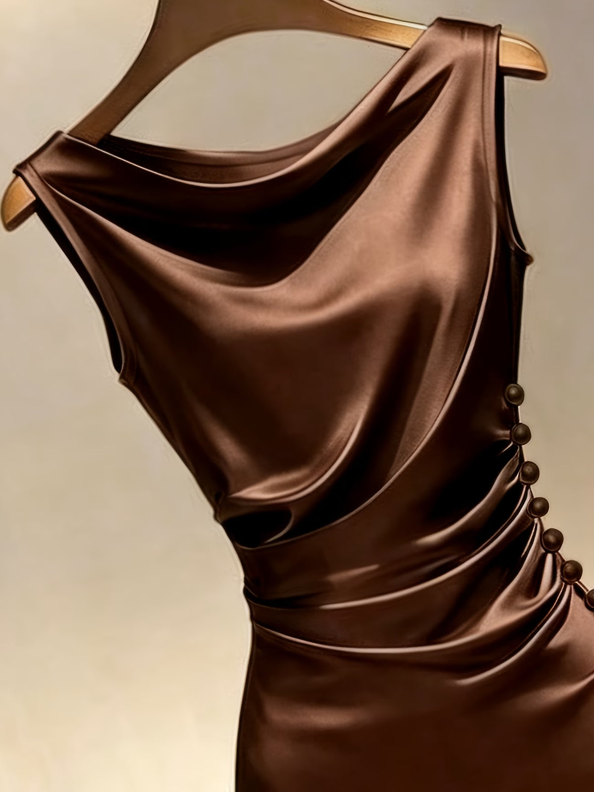Women's Shiny Midi Dress with Off-Shoulder Design and Pearl Buttons